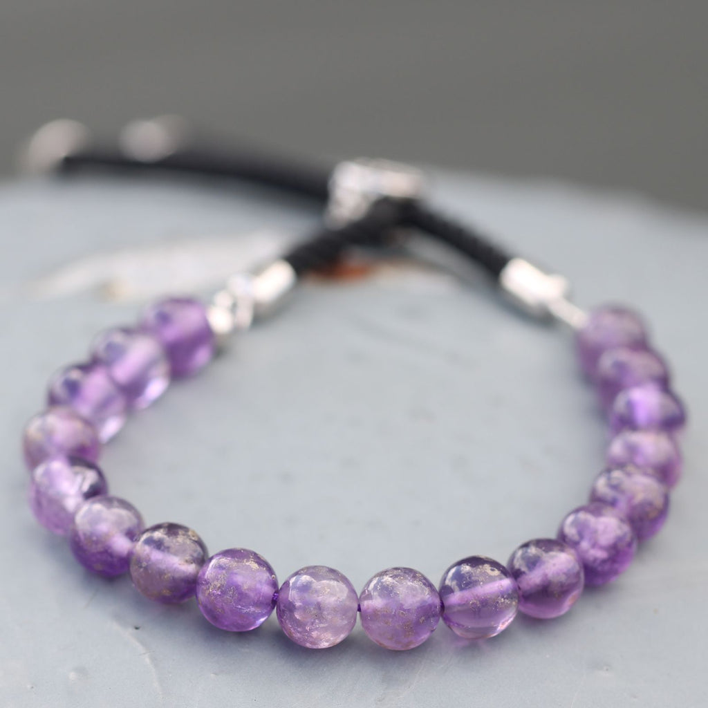 Bracelet en pierre naturelle améthyste ajustable avec cordon noir et perles violettes