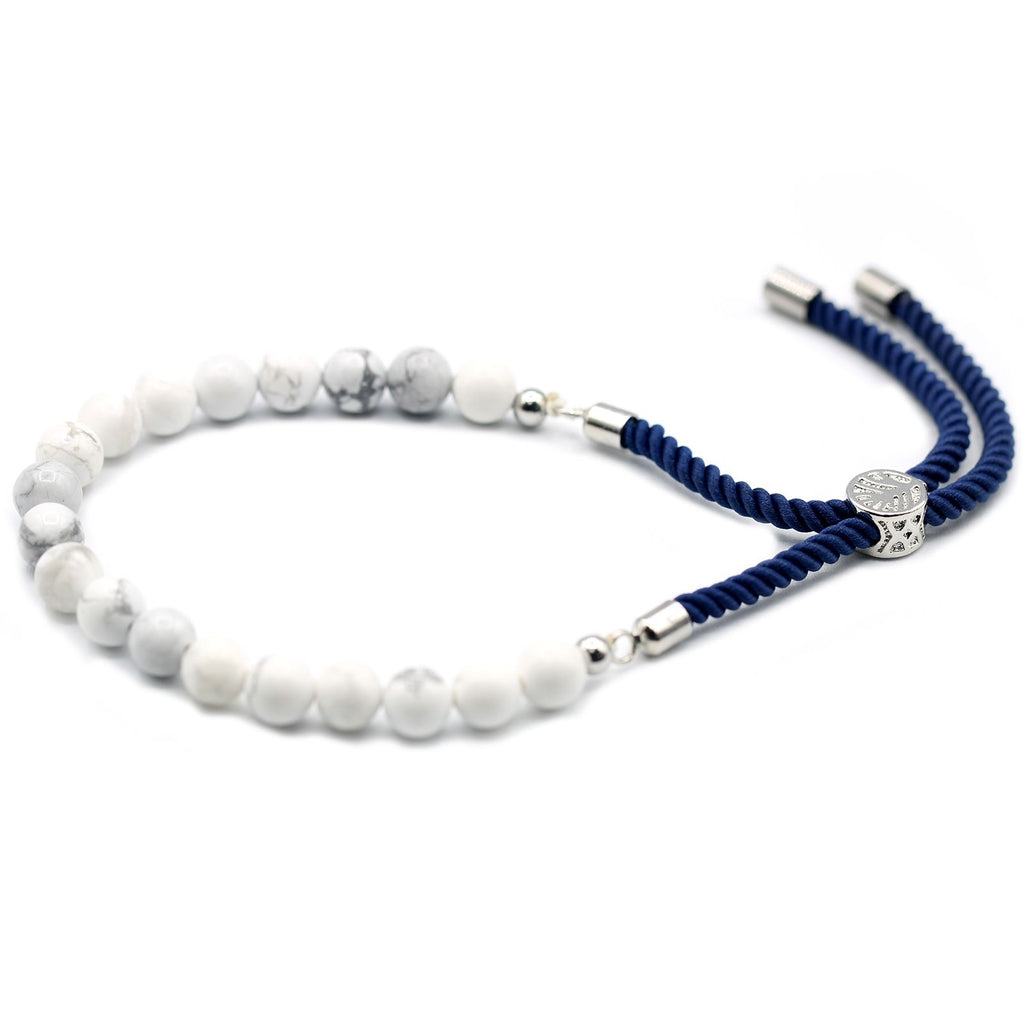 Bracelet en pierre naturelle howlite blanche ajustable avec cordon marine et perles blanche
