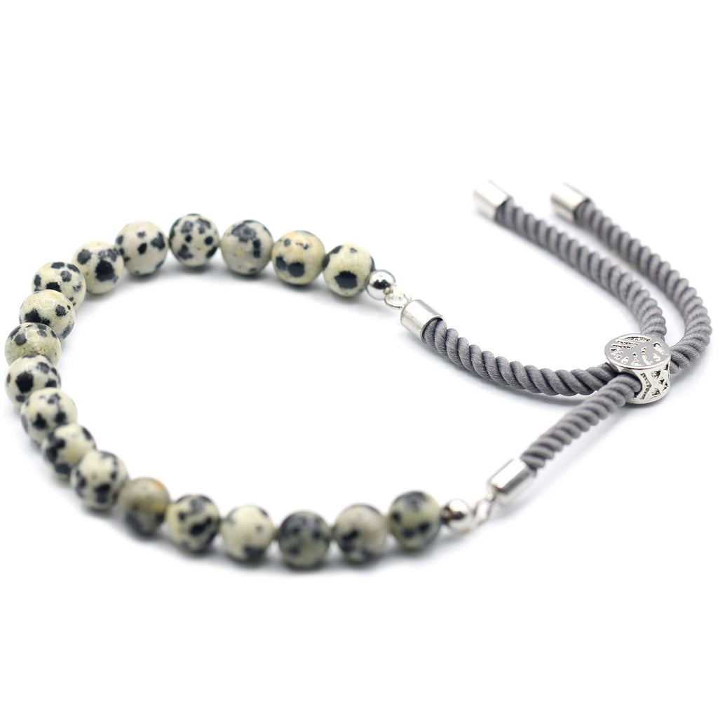 Bracelet en pierre naturelle jaspe dalmatien ajustable avec cordon gris et perles noir et blanche