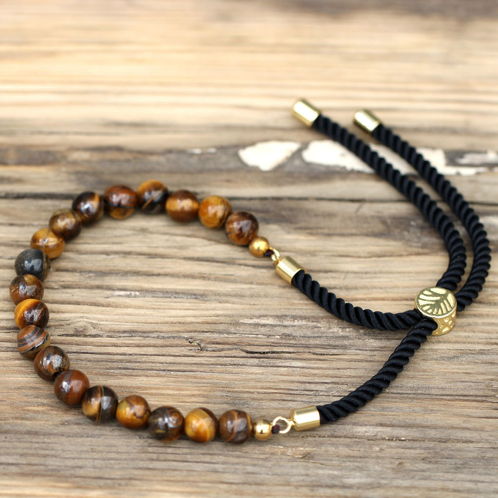 Bracelet en pierre naturelle oeil de tigre ajustable avec cordon noir et perles marron