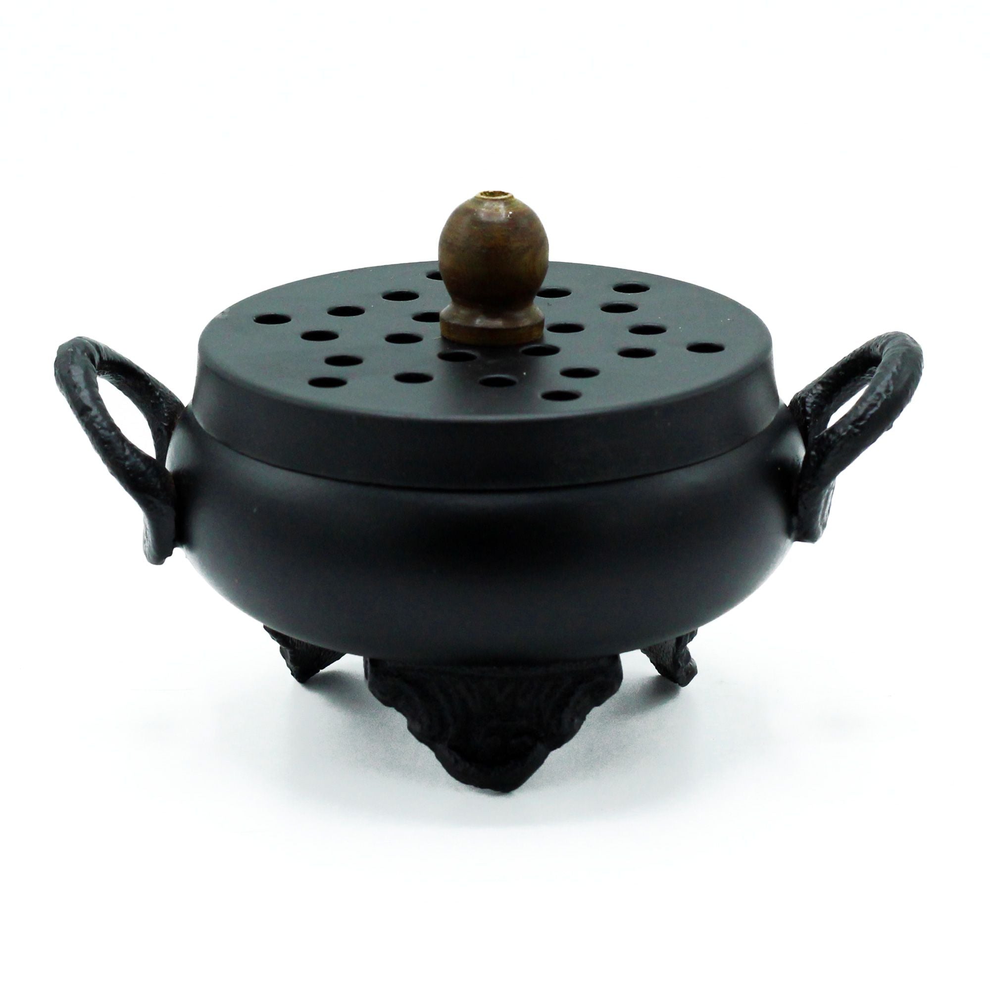 Brûleur d’encens en fonte forme chaudron avec couvercle perforé, idéal pour résine et charbon