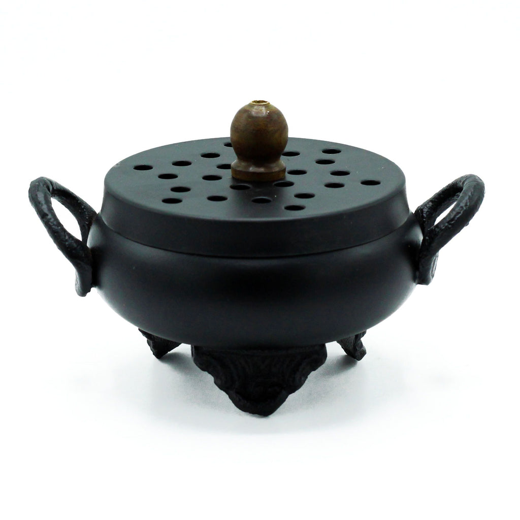Brûleur d’encens en fonte forme chaudron avec couvercle perforé, idéal pour résine et charbon
