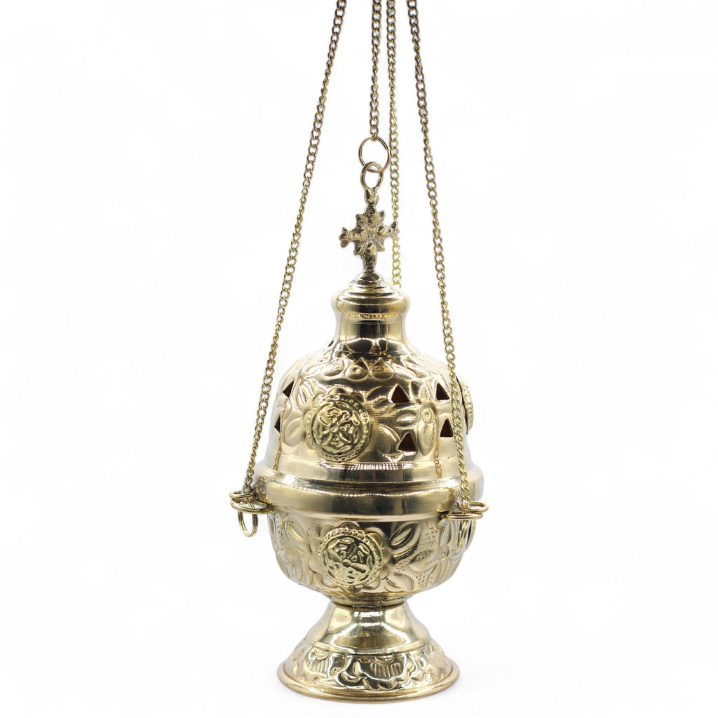 Brûleur d’encens suspendu en laiton poli au design traditionnel avec chaînes pour suspension