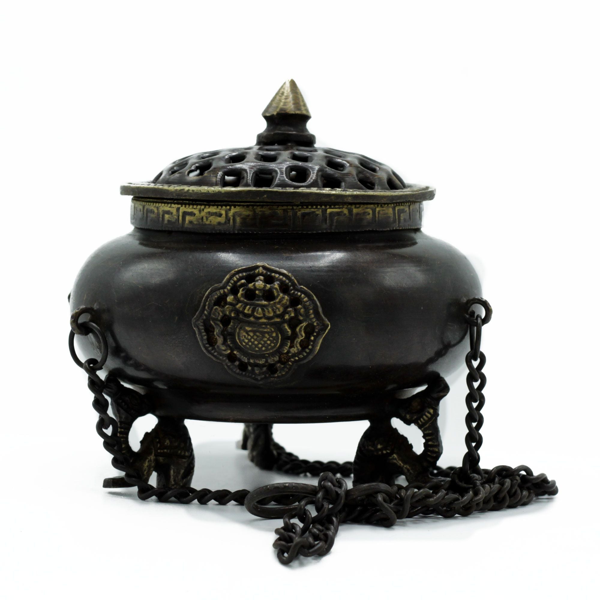 Brûleur d’encens tibétain en laiton avec motifs symboliques, pot suspendu avec chaîne, design artisanal traditionnel