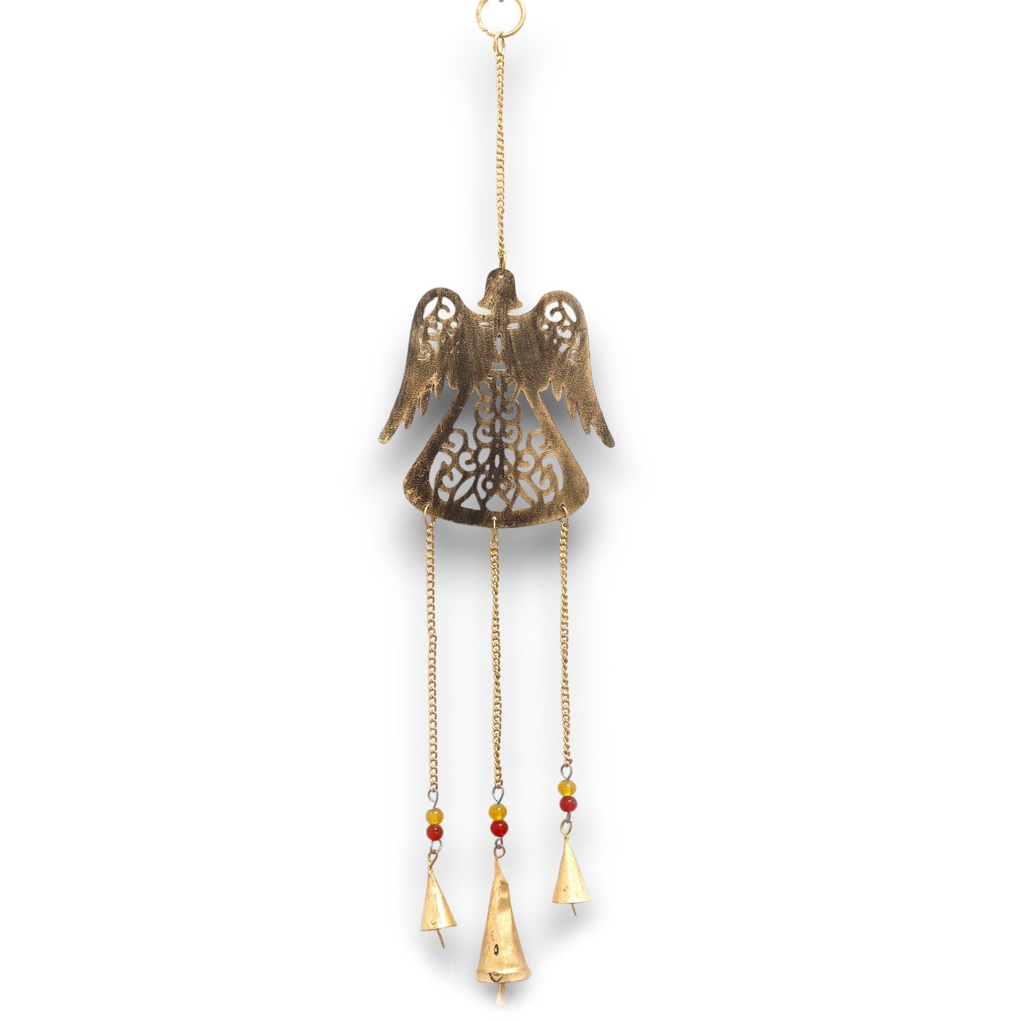Carillon ange en métal fait main en Inde avec clochettes décoratives, symbole de protection et de douceur