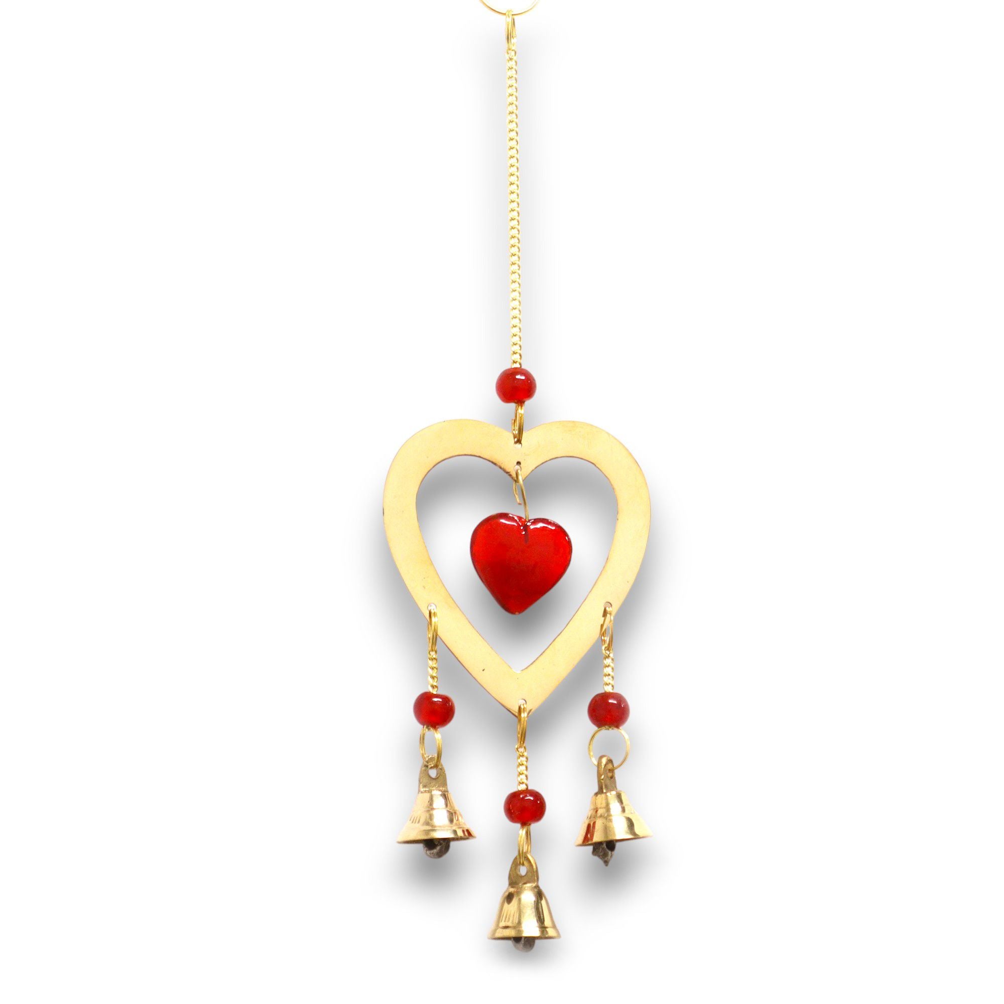 Carillon cœur en verre rubis avec clochettes fait main en Inde, décoration symbolisant l’amour et la douceur