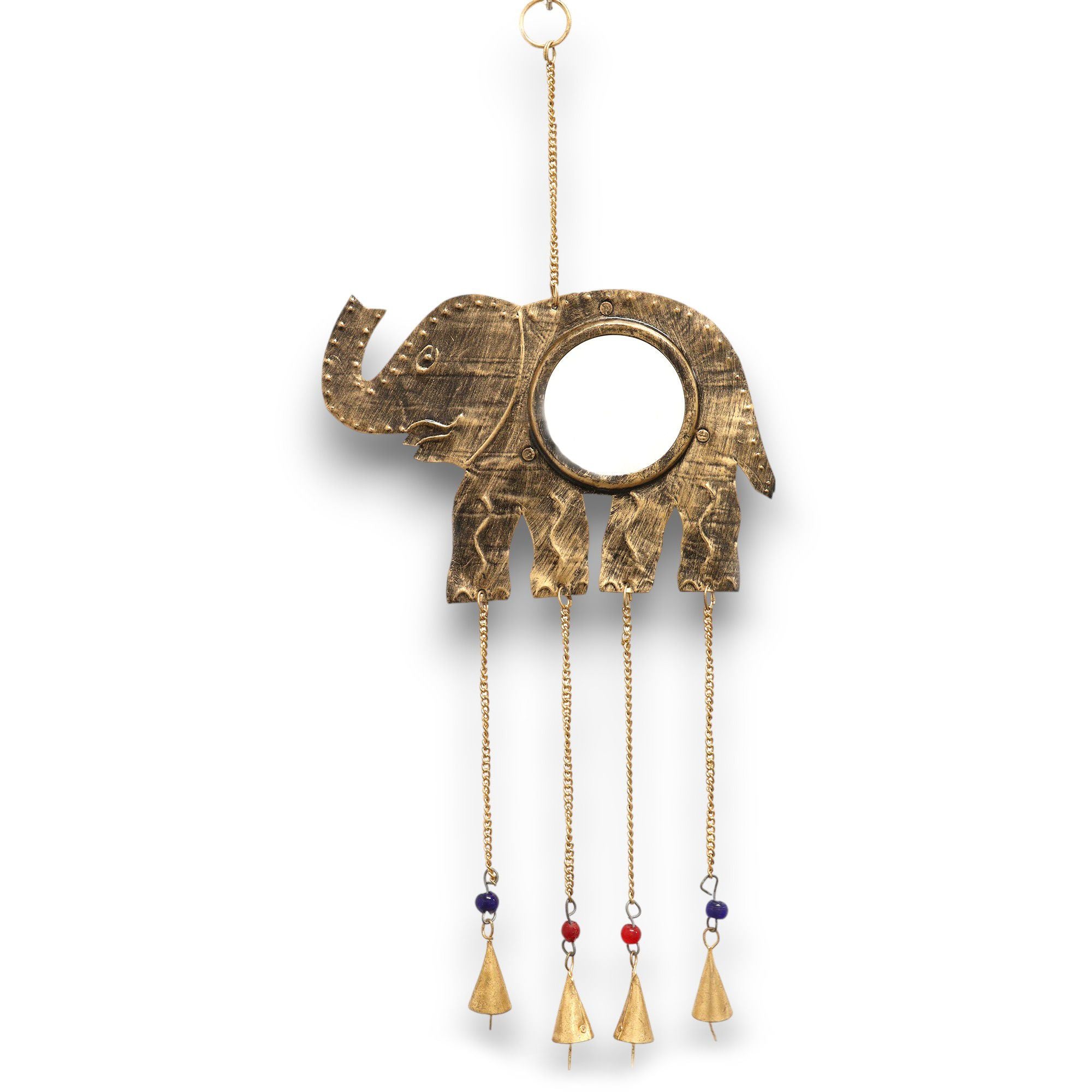 Carillon éléphant en métal artisanal avec clochettes, symbole de force, sagesse et protection