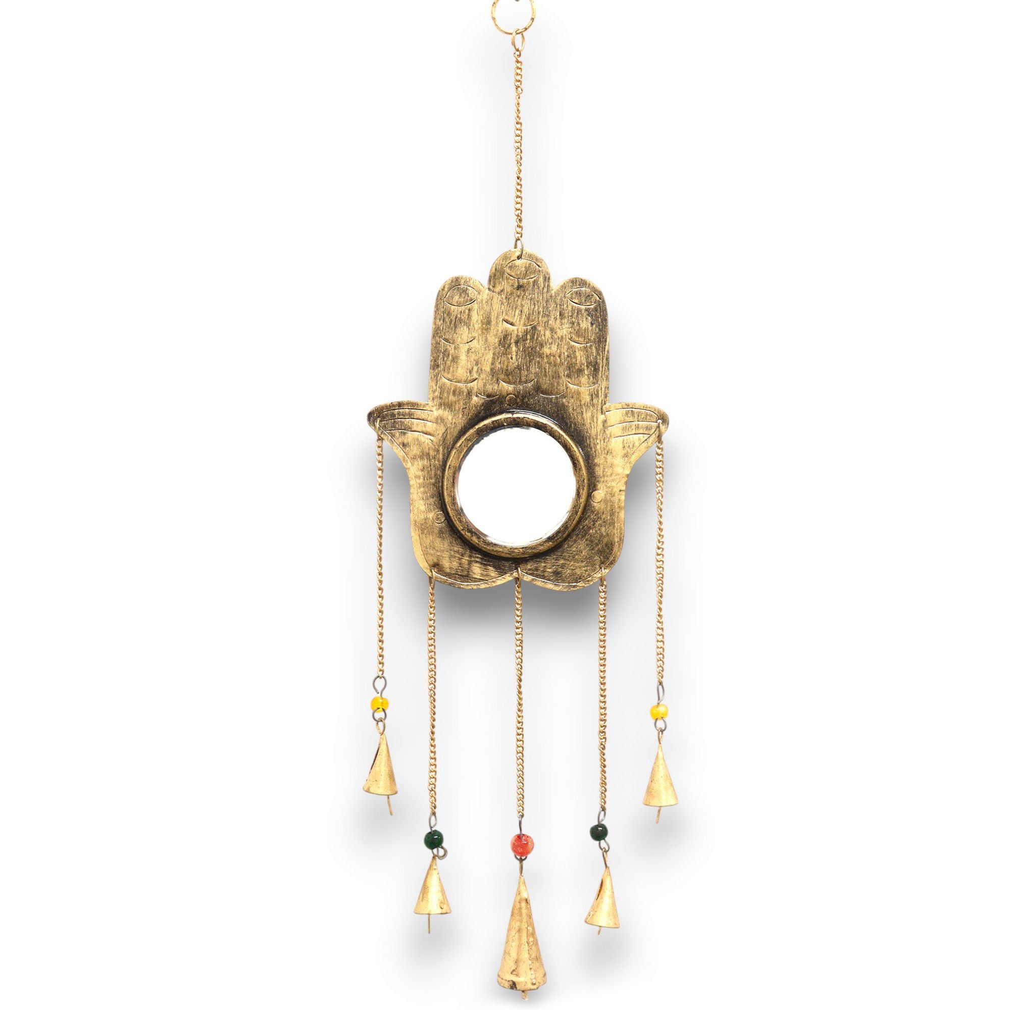 Grand carillon Hamsa en métal avec miroir et clochettes, symbole de protection et d’équilibre énergétique