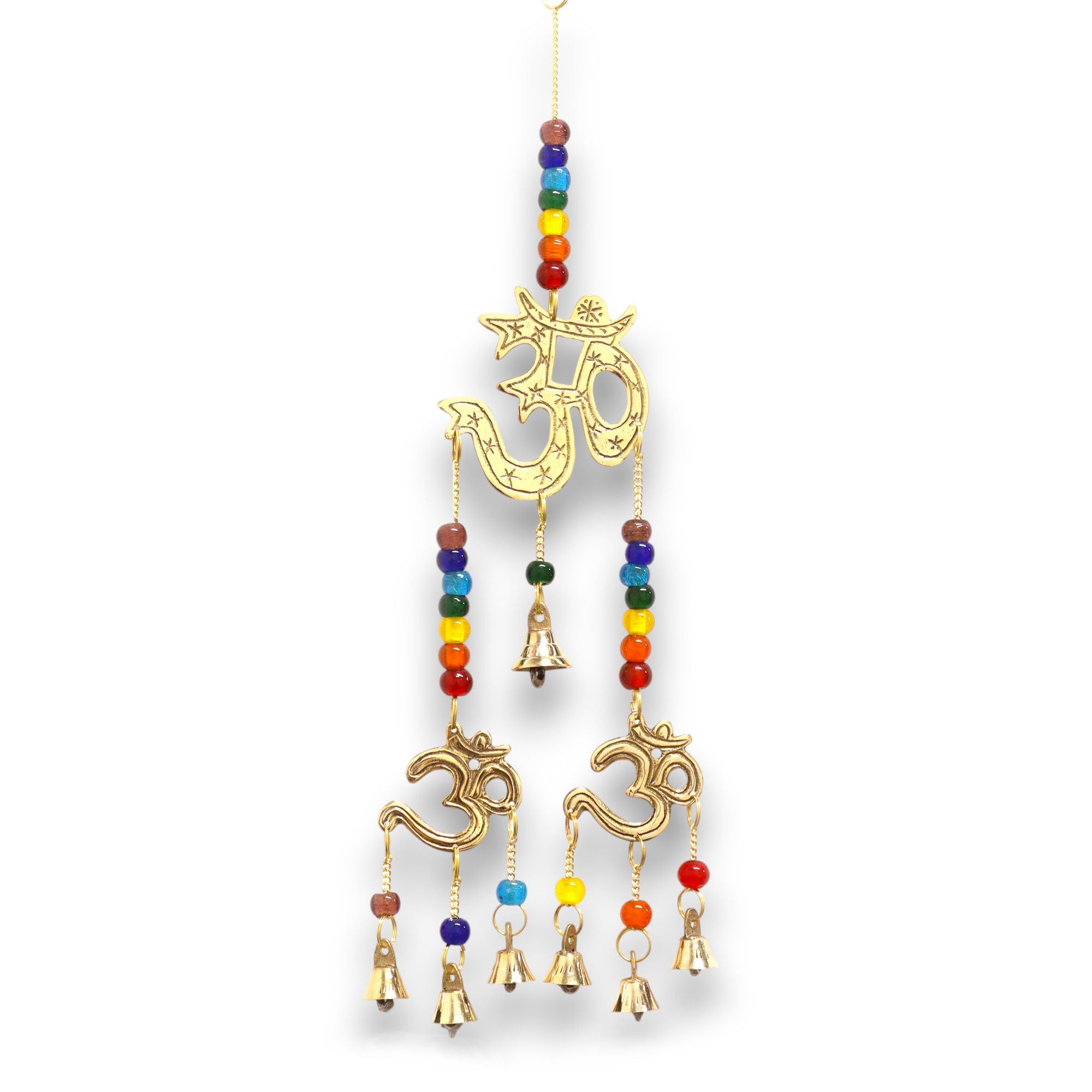 Carillon Om avec 7 clochettes et perles colorées fait main en Inde, décoration spirituelle favorisant l’énergie et la vibration