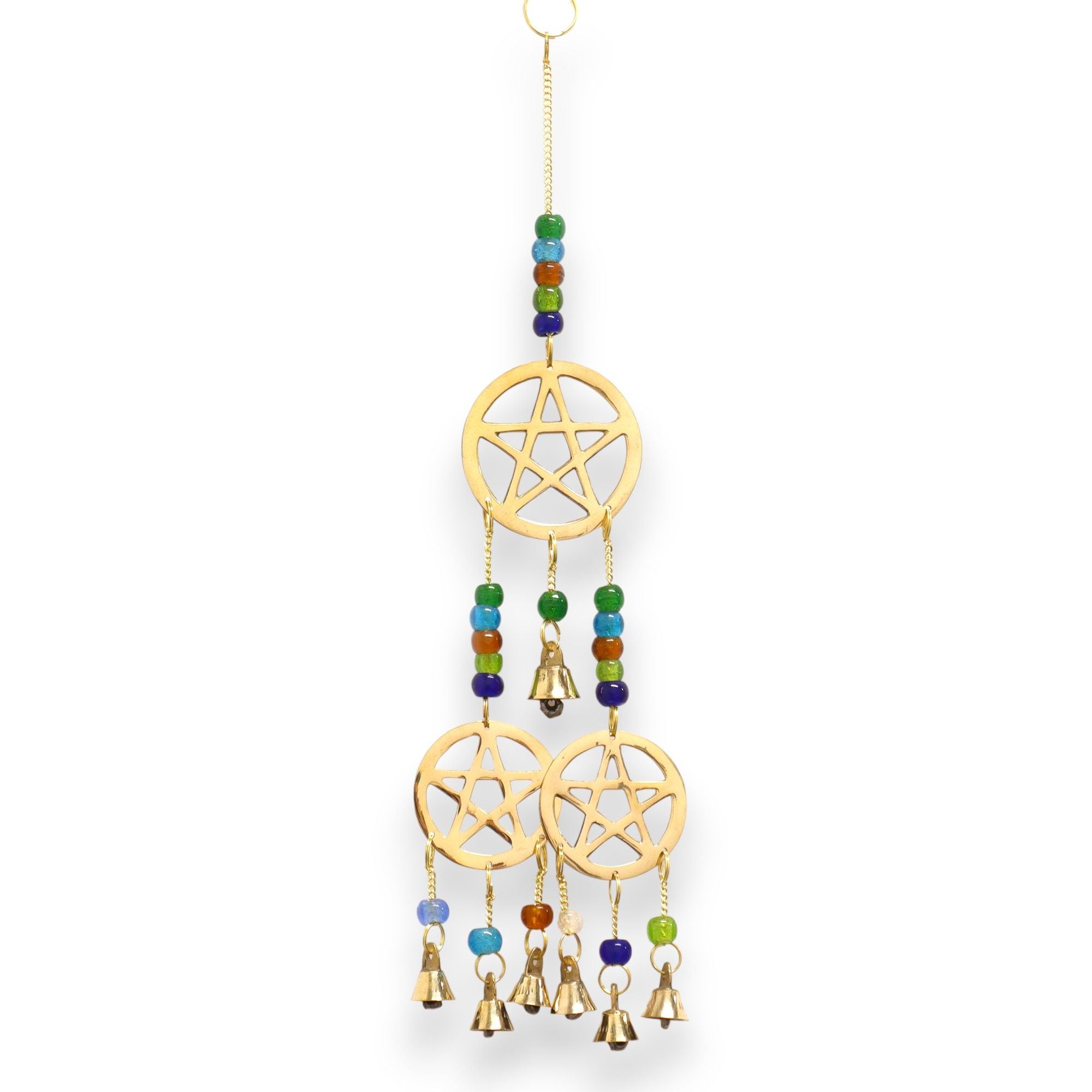 Carillon triple pentagramme en métal avec clochettes fait main en Inde, symbole de protection et d’équilibre énergétique
