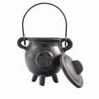Chaudron en fonte pentagramme avec couvercle ouvert, idéal pour brûler encens, herbes ou résines
