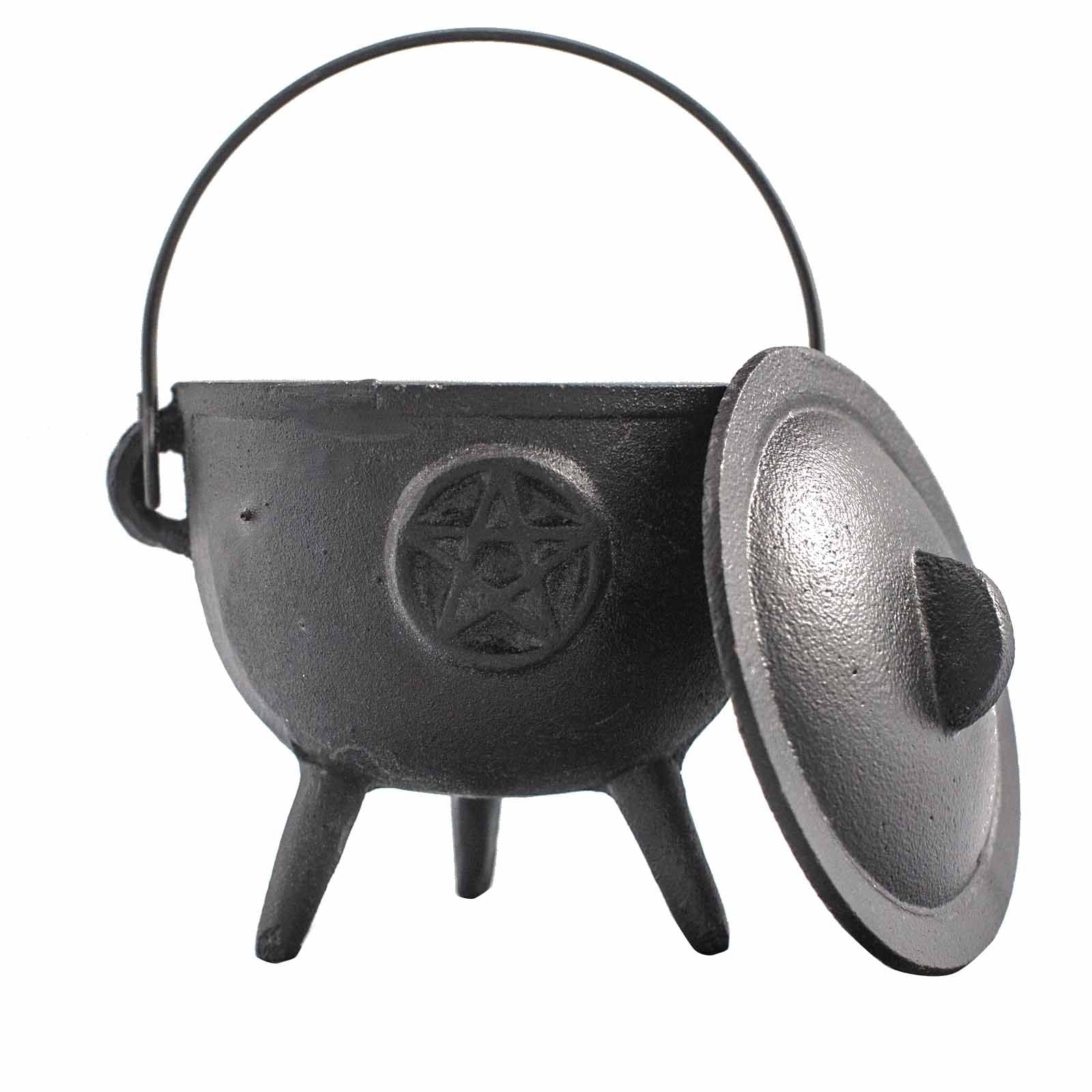 Chaudron en fonte pentagramme avec couvercle ouvert, idéal pour brûler encens, herbes ou résines