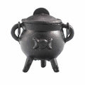 Chaudron en fonte triple lune avec couvercle ouvert, parfait pour brûler encens, herbes ou résines