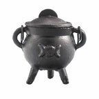 Chaudron en fonte triple lune avec couvercle ouvert, parfait pour brûler encens, herbes ou résines