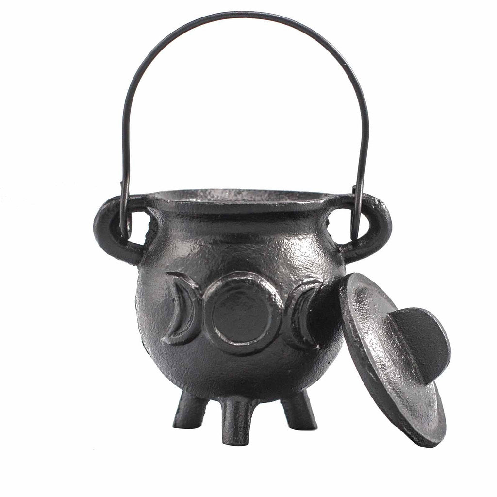 Chaudron en fonte triple lune avec couvercle ouvert, idéal pour brûler encens, herbes ou résines