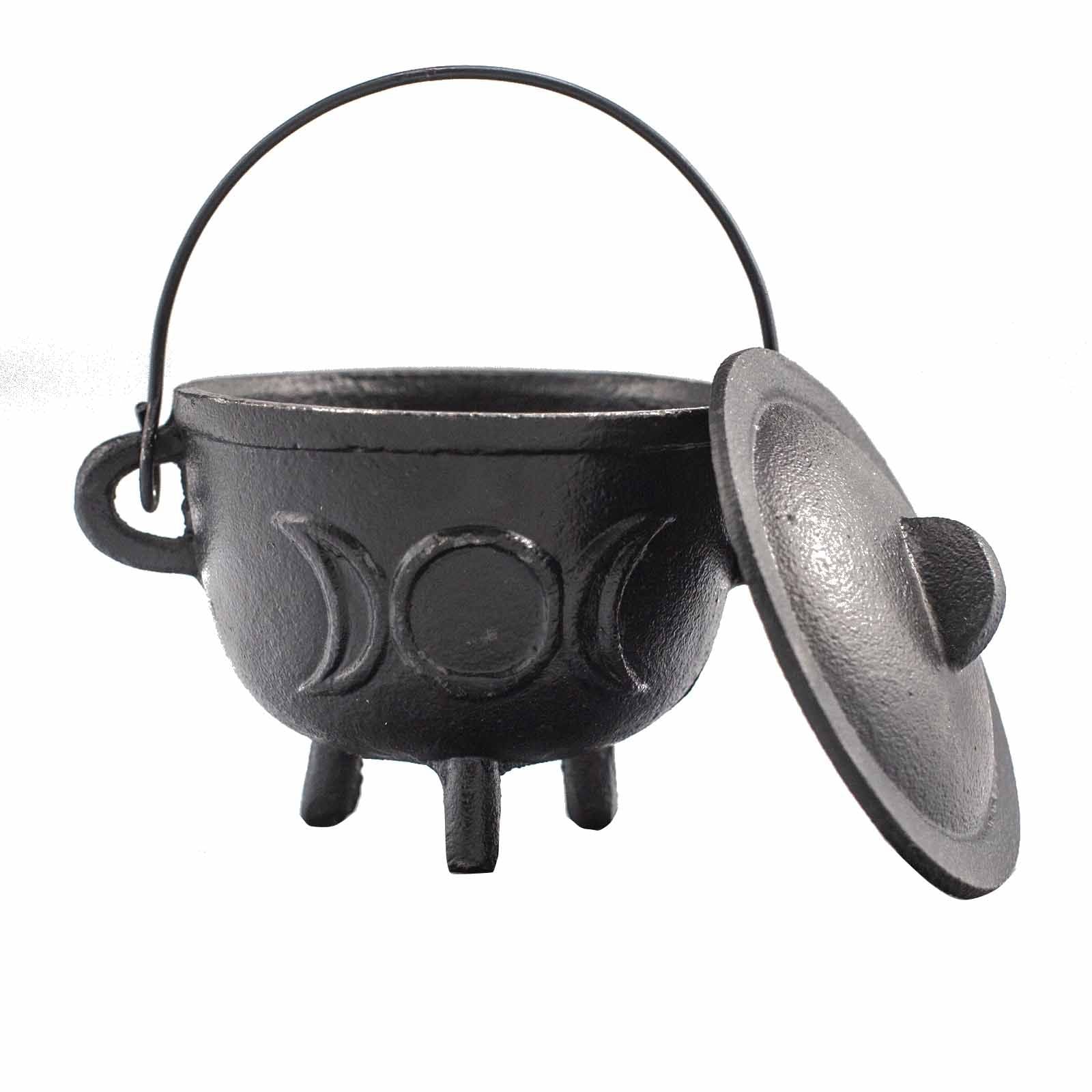 Chaudron en fonte triple lune avec couvercle ouvert, idéal pour brûler encens, herbes ou résines
