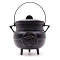 Grand chaudron rituel en fonte avec symbole pentagramme, utilisé pour rituels, fumigation et pratiques de protection énergétique