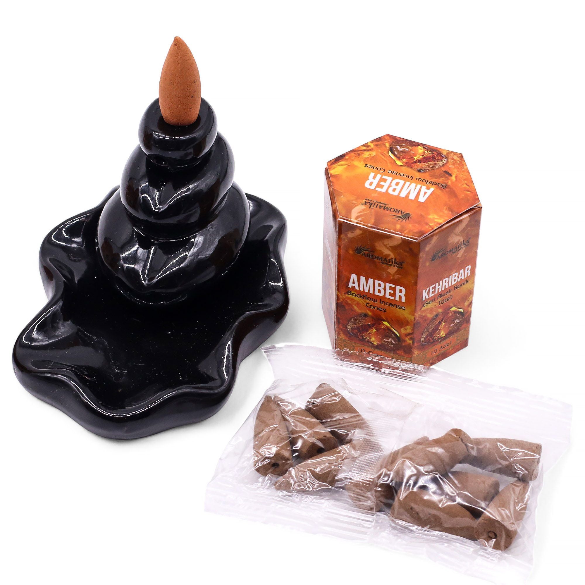 cônes d’encens backflow parfum ambre avec brûleur pour effet cascade de fumée