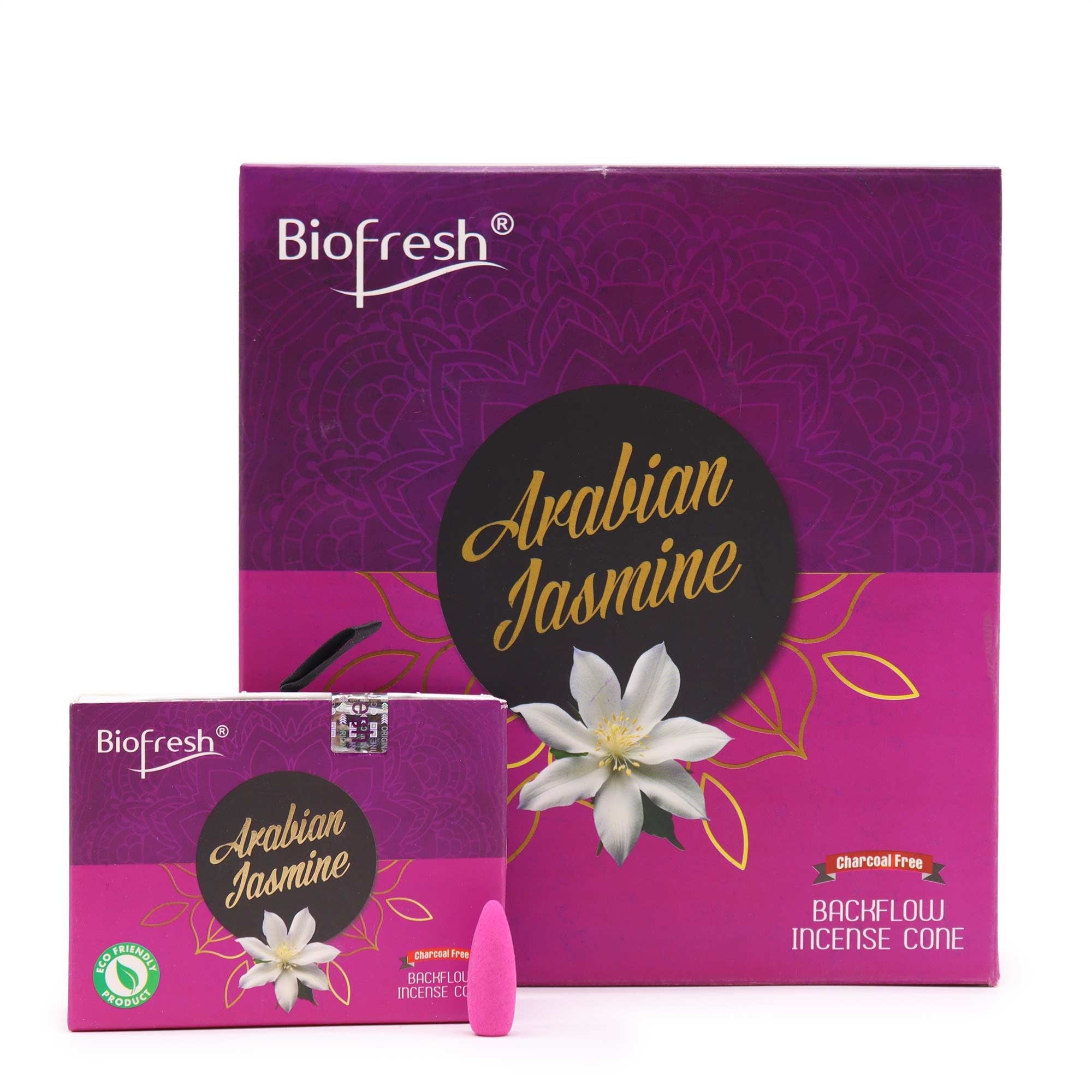 boite de cones d encens backflow biofresh jasmin avec packaging fuschia et illustration de la senteur
