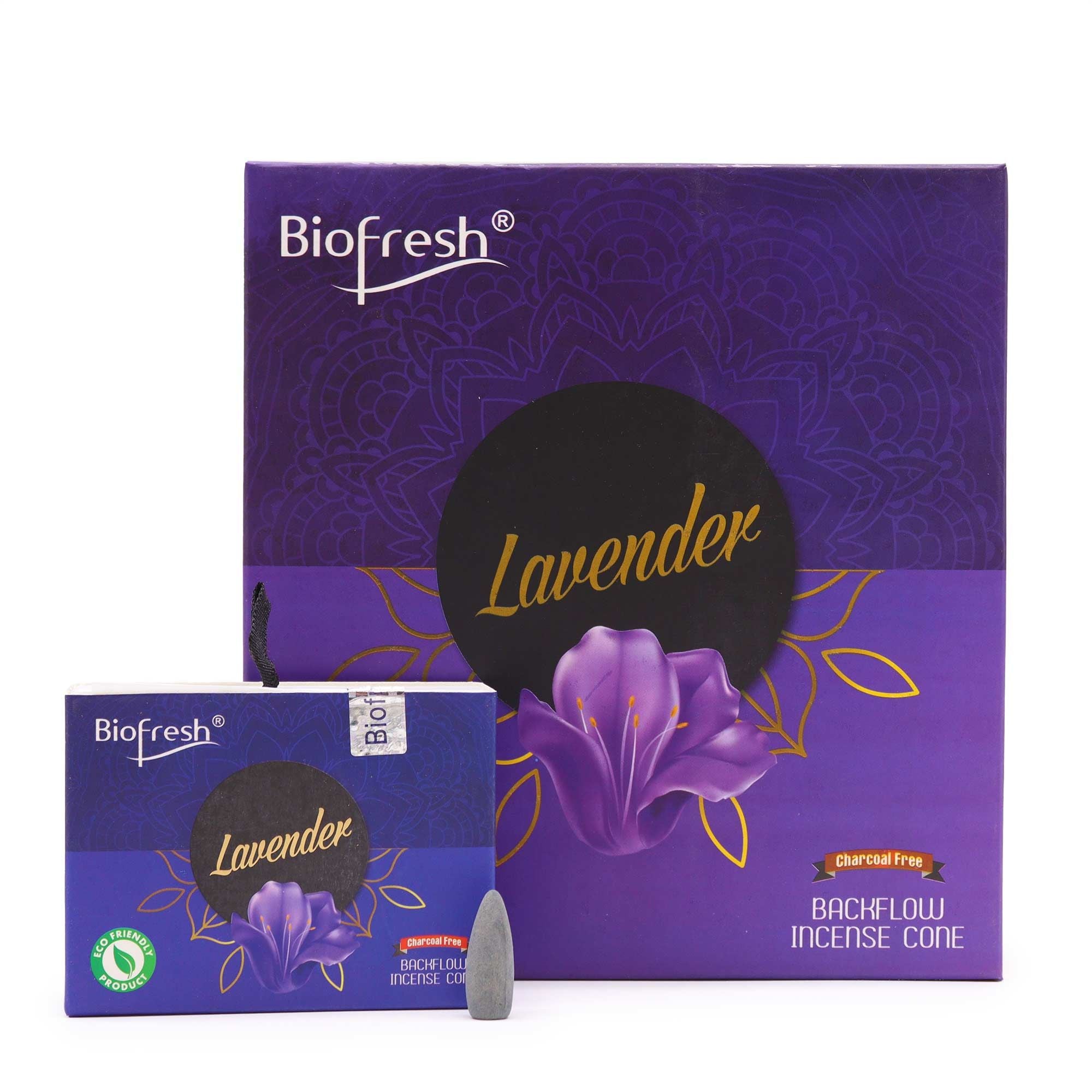 boite de cones d encens backflow biofresh lavande avec packaging violet et illustration de la senteur