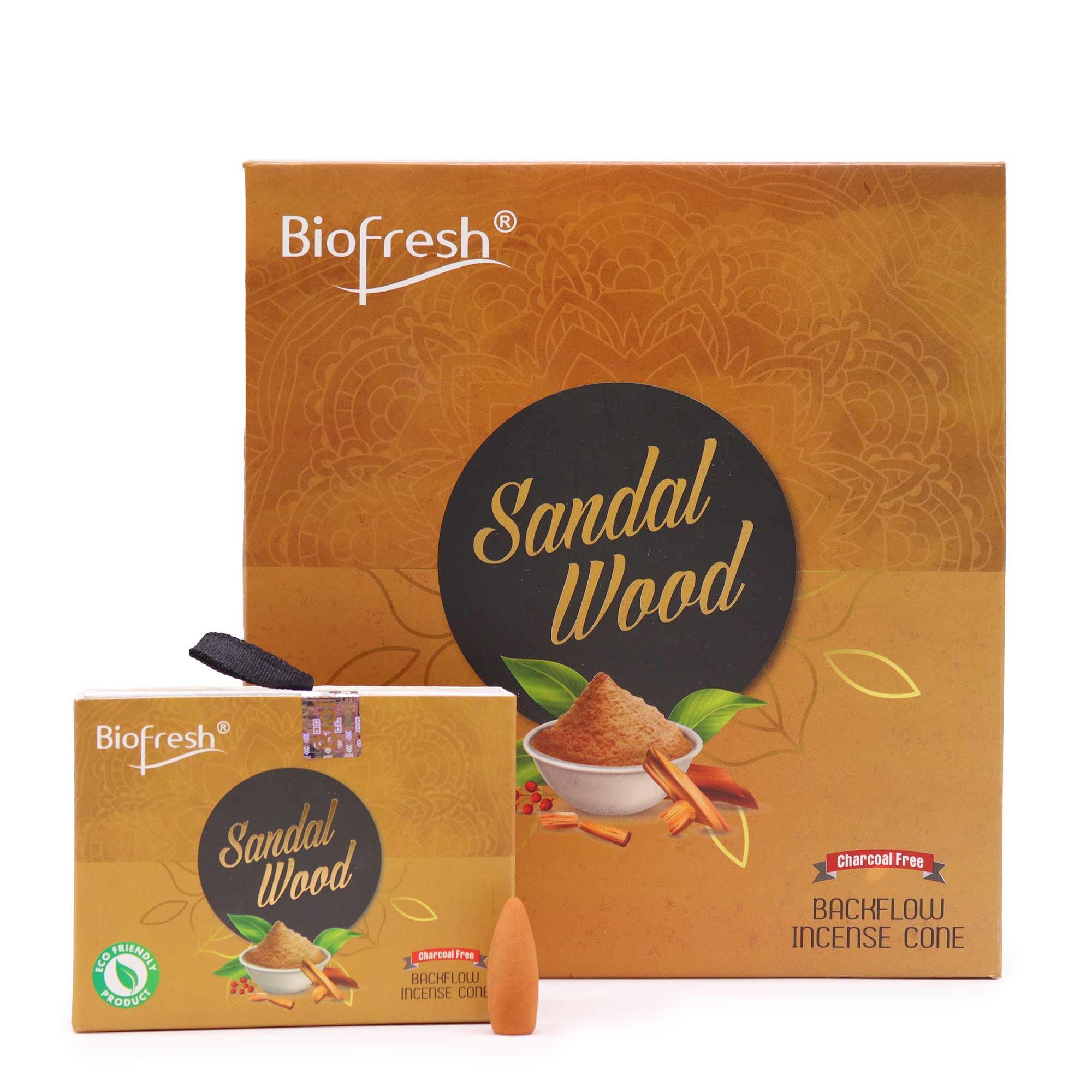 boite de cones d encens backflow biofresh santal avec packaging orange et illustration de la senteur
