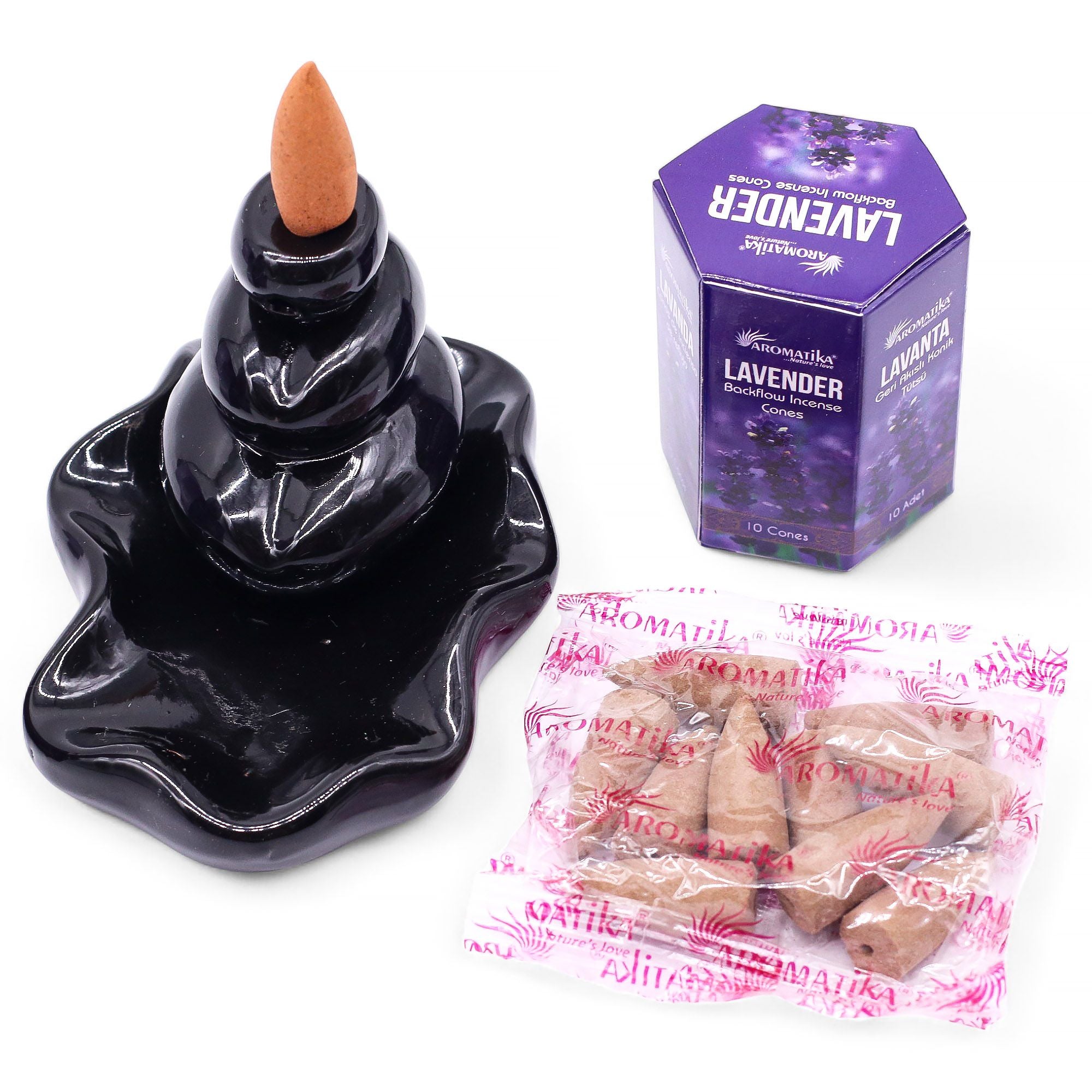 cônes d’encens backflow aromatika parfum lavande avec brûleur pour effet cascade de fumée
