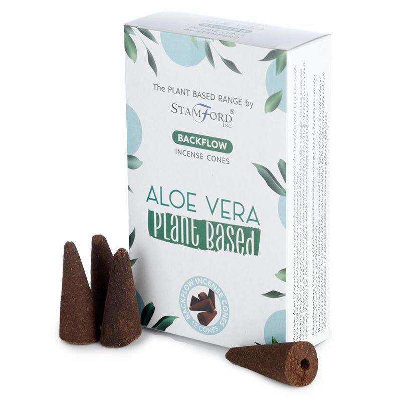 Boite de cones d encens backflow naturels senteur aloe vera avec cones marron poses devant packaging blanc vegetal
