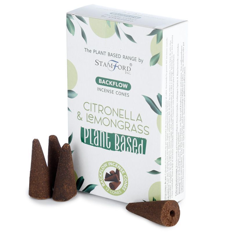 Boite de cones d encens backflow naturels senteur citronelle avec cones marron poses devant packaging blanc vegetal