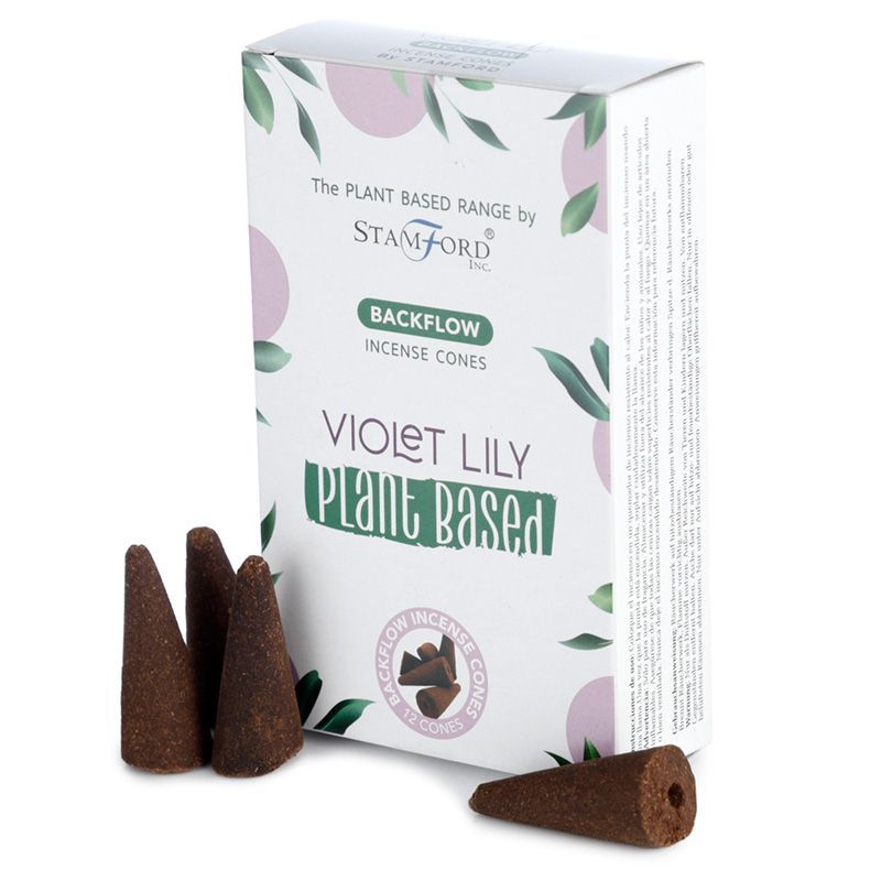 Boite de cones d encens backflow naturels senteur lys violet avec cones marron poses devant packaging blanc vegetal