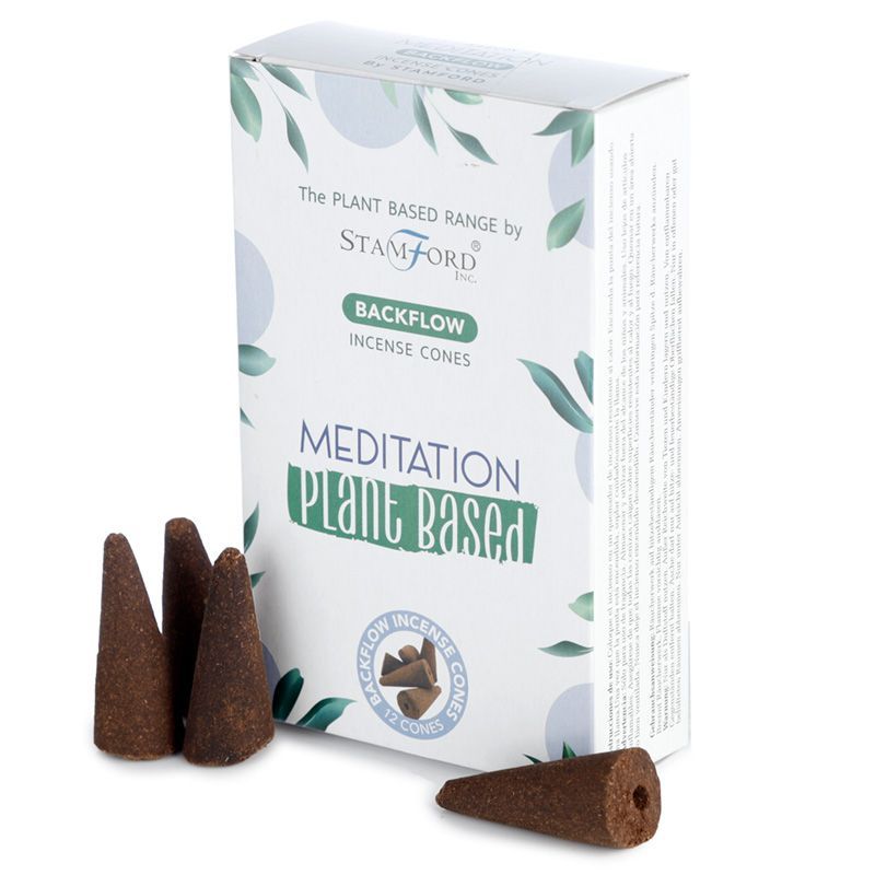 Boite de cones d encens backflow naturels senteur meditation avec cones marron poses devant packaging blanc vegetal