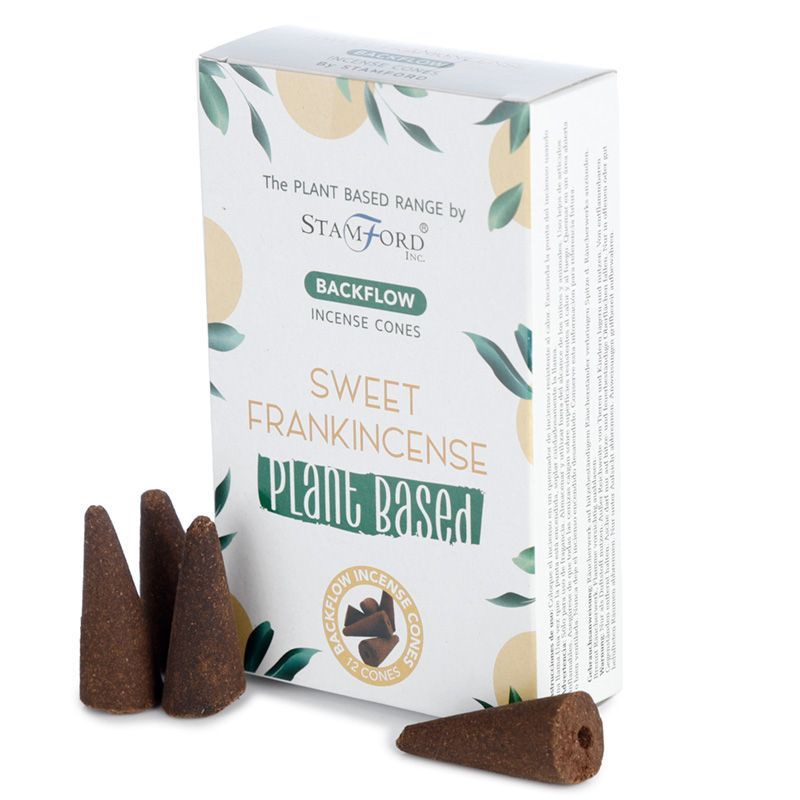 Boite de cones d encens backflow naturels senteur oliban doux avec cones marron poses devant packaging blanc vegetal