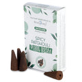 Boite de cones d encens backflow naturels senteur patchouli épicé avec cones marron poses devant packaging blanc vegetal