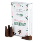 Boite de cones d encens backflow naturels senteur sensualite avec cones marron poses devant packaging blanc vegetal