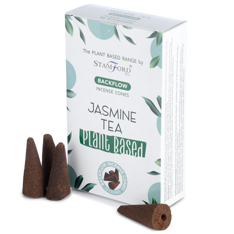 Boite de cones d encens backflow naturels senteur thé jasmin avec cones marron poses devant packaging blanc vegetal