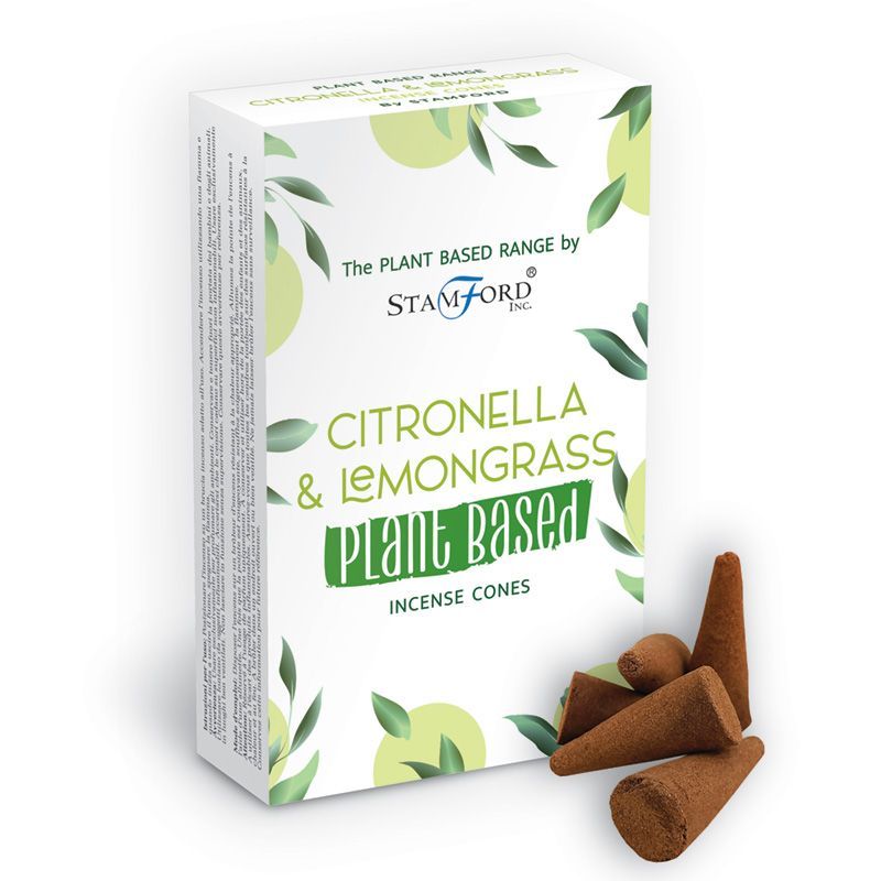 Boite de cones d encens classique naturels senteur citronnelle avec cones marron poses devant packaging blanc vegetal