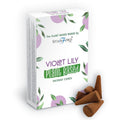 Boite de cones d encens classique naturels senteur lys violet avec cones marron poses devant packaging blanc vegetal