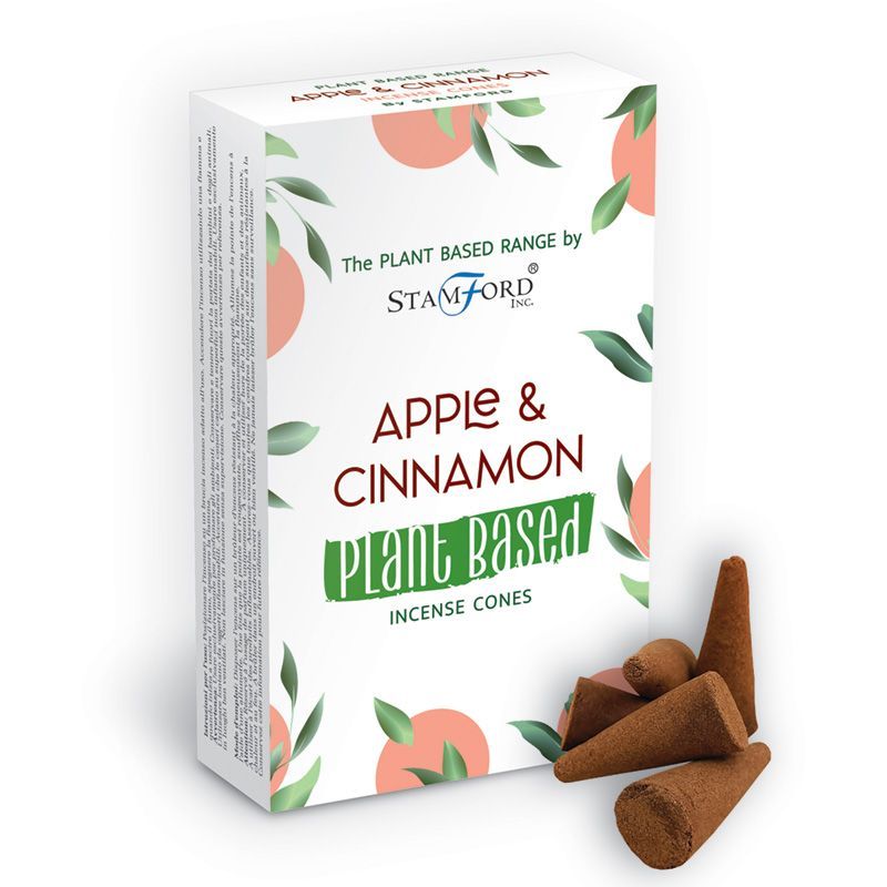 Boite de cones d encens classique naturels senteur pomme cannelle avec cones marron poses devant packaging blanc vegetal