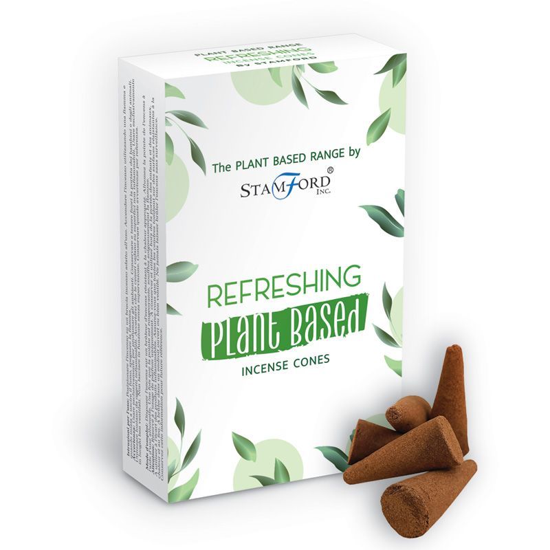 Boite de cones d encens classique naturels senteur rafraichissant avec cones marron poses devant packaging blanc vegetal
