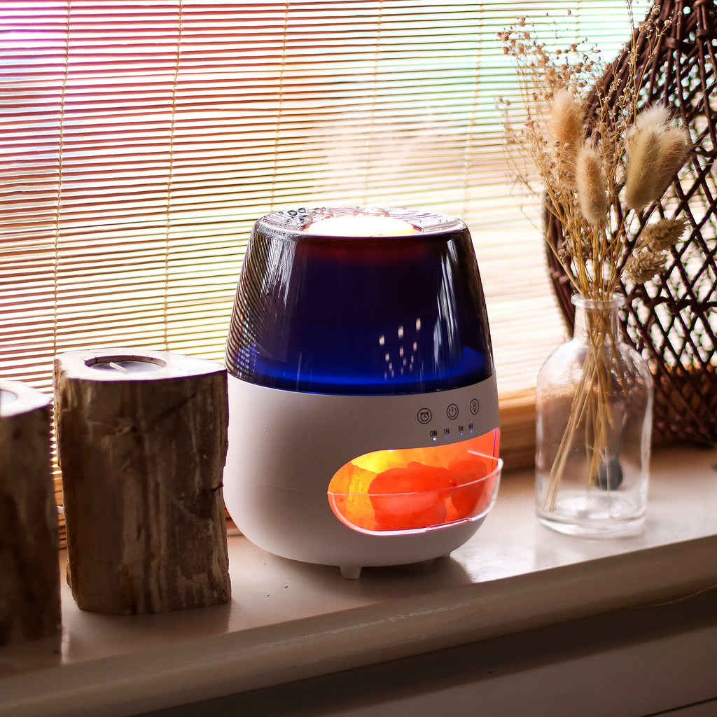 Diffuseur effet flamme utilisé dans un intérieur cosy avec lumière chaleureuse
