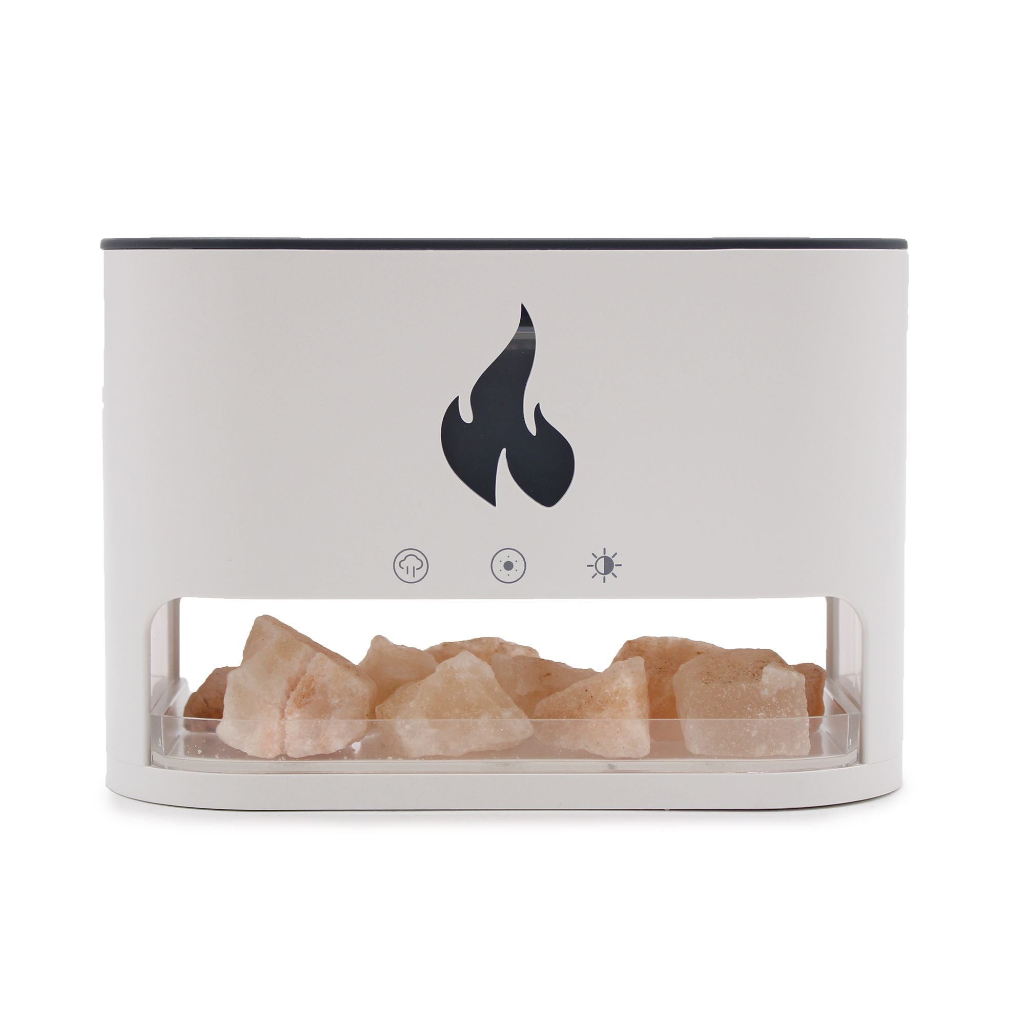 Diffuseur ultrasonique blanc avec compartiment sel de l'himalaya rose brut et icône flamme, fond blanc