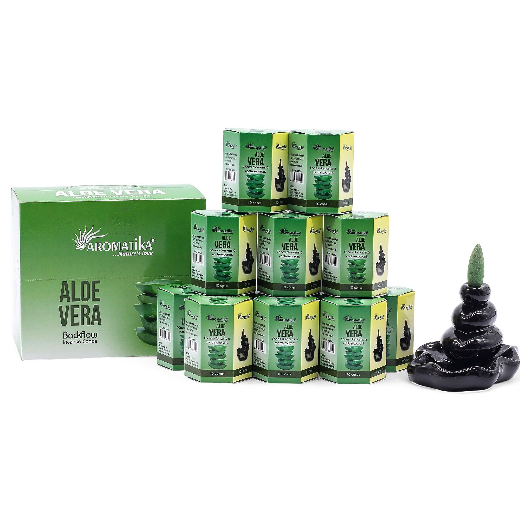 cônes d’encens backflow aromatika parfum aloe vera avec brûleur cascade créant un effet fumée descendante