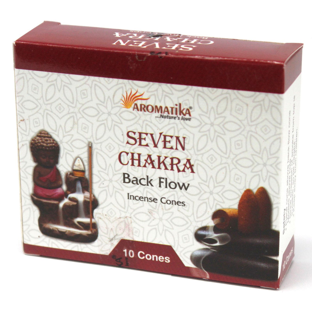 Boîte de cônes d’encens backflow Aromatika senteur 7 chakras avec packaging et illustration du brûleur