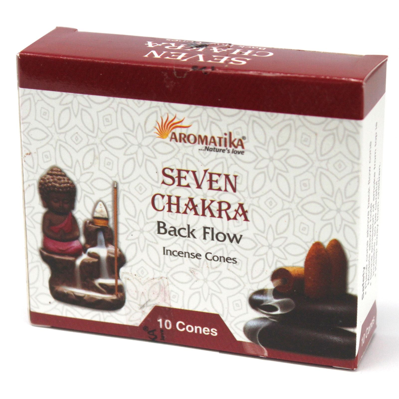 Boîte de cônes d’encens backflow Aromatika senteur 7 chakras avec packaging et illustration du brûleur