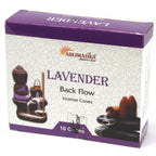 Boîte de cônes d’encens backflow Aromatika senteur lavande avec packaging et illustration du brûleur