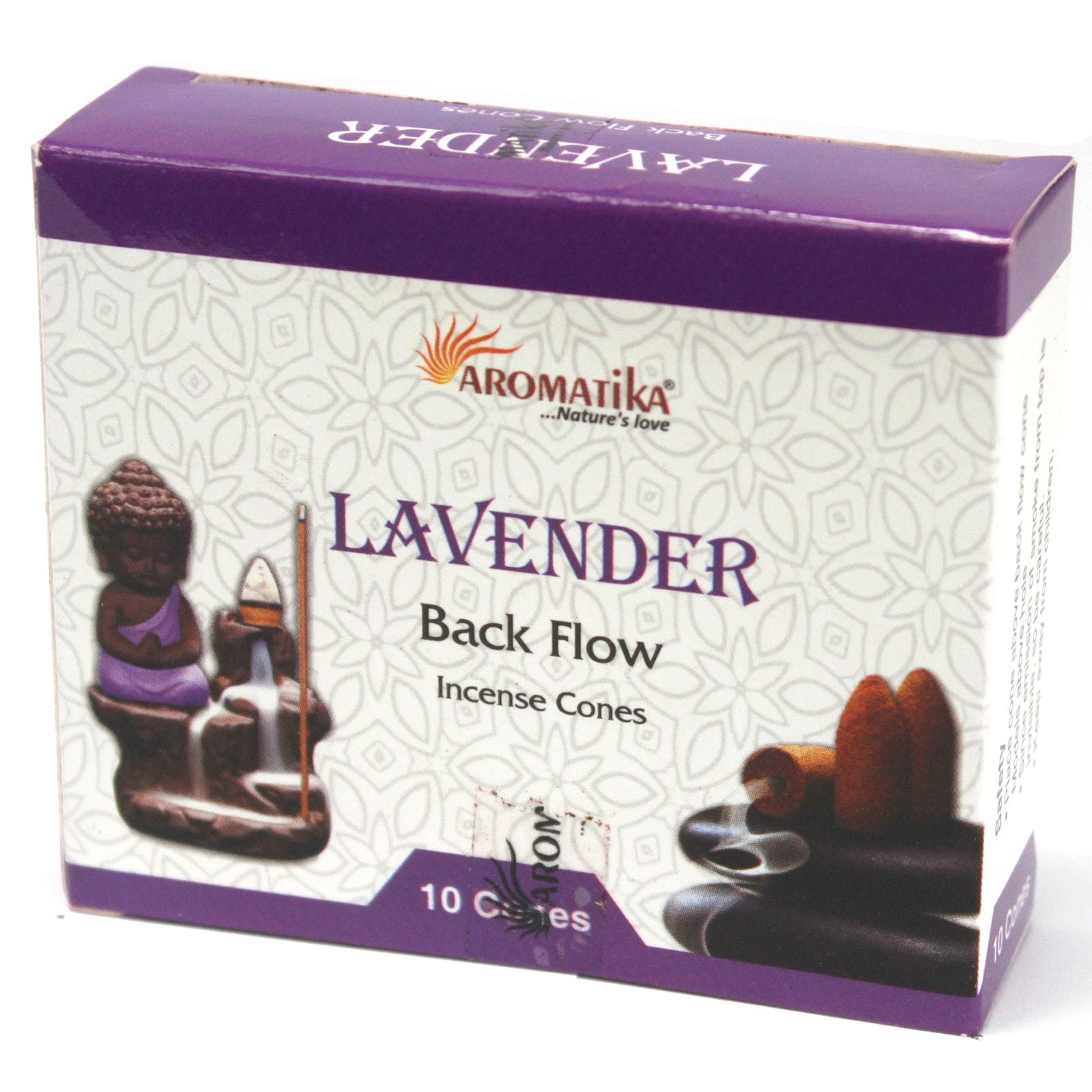 Boîte de cônes d’encens backflow Aromatika senteur lavande avec packaging et illustration du brûleur