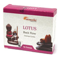 Boîte de cônes d’encens backflow Aromatika senteur lotus avec packaging et illustration du brûleur