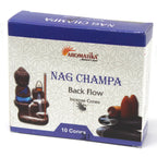 Boîte de cônes d’encens backflow Aromatika senteur nag champa avec packaging et illustration du brûleur