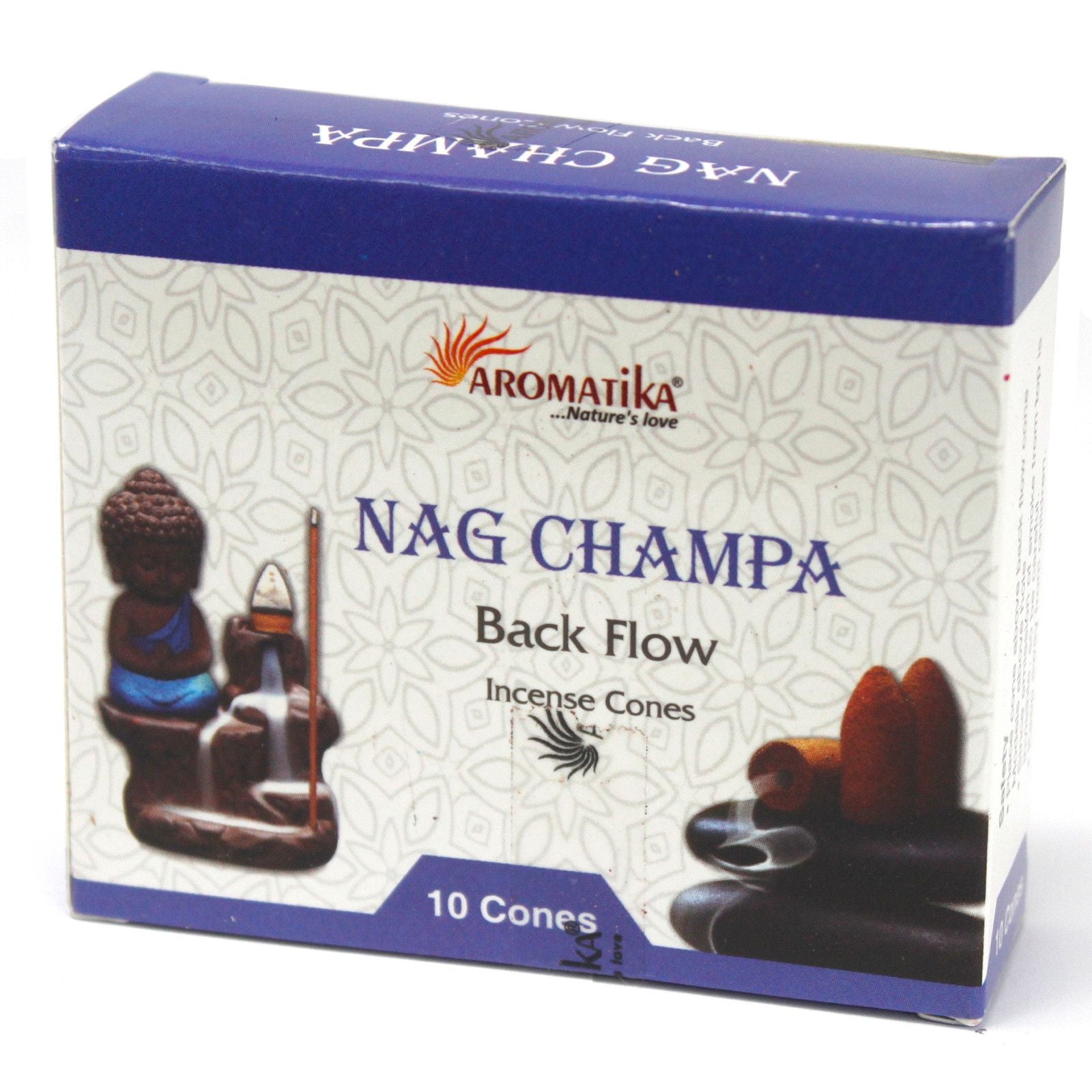 Boîte de cônes d’encens backflow Aromatika senteur nag champa avec packaging et illustration du brûleur