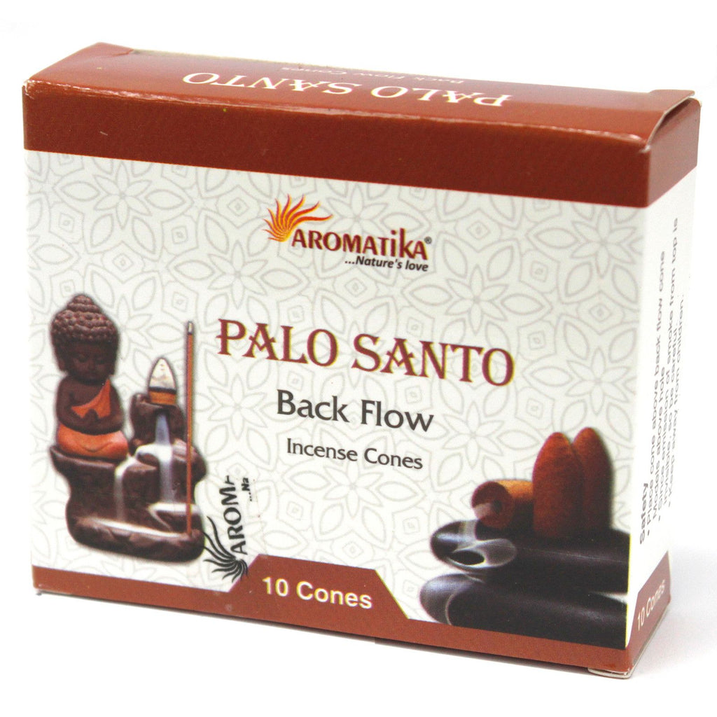 Boîte de cônes d’encens backflow Aromatika senteur palo santo avec packaging et illustration du brûleur