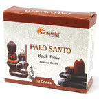 Boîte de cônes d’encens backflow Aromatika senteur palo santo avec packaging et illustration du brûleur
